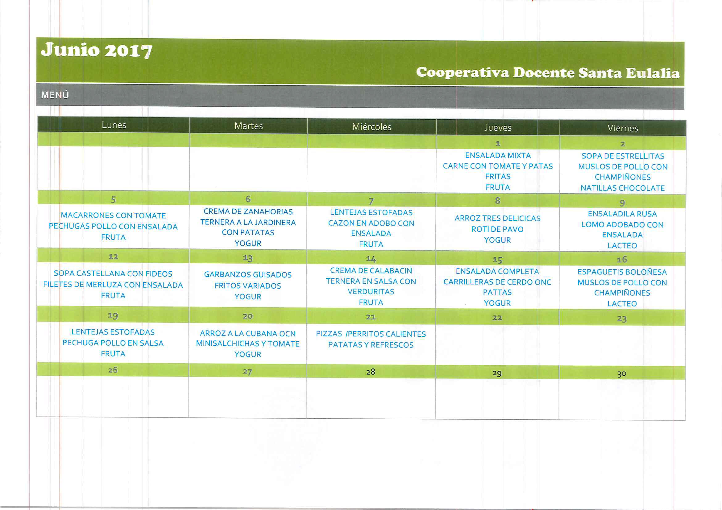 Menú junio